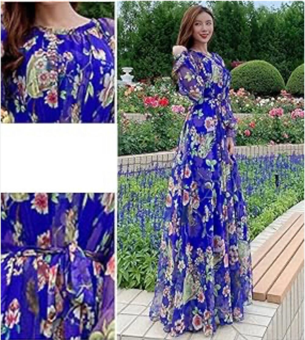 Floral Purple Chiffon Boho Maxi Dress Woodland Print Ruffle Long Sleeve XL NWT